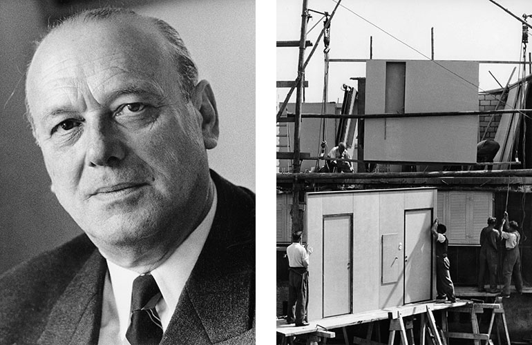 Fotografia a sinistra: Ritratto di Ernst Göhner, Fotografia a destra: edificio Göhner con elementi prefabbricati, anni '50